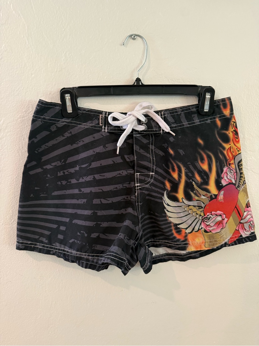 Women’s Black Graphic Shorts with Flame Heart Print